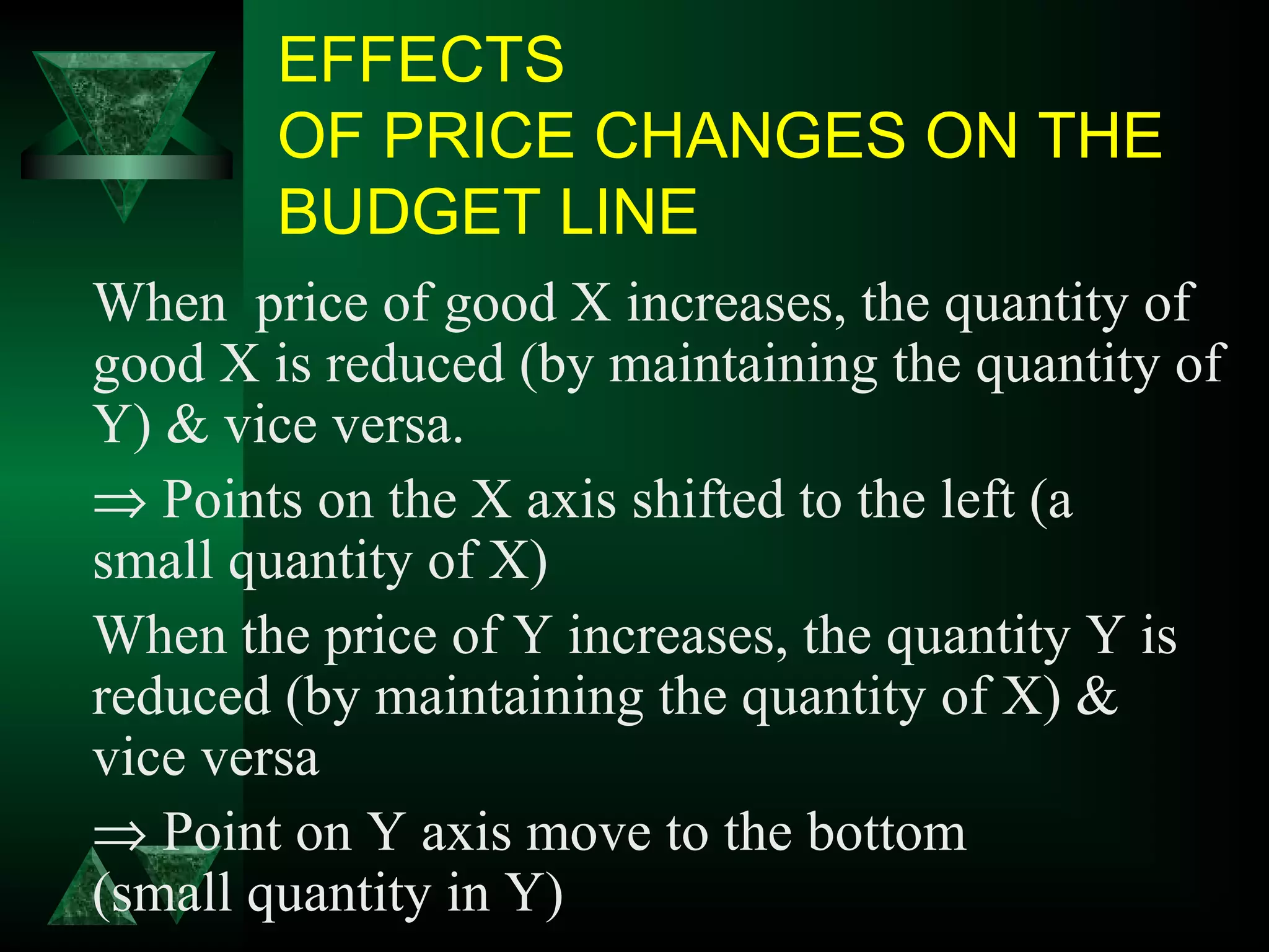 EFFECTS
OF PRICE CHANGES ON THE
BUDGET LINE
When price of good X increases, the quantity of
good X is reduced (by maintaining the quantity of
Y) & vice versa.
⇒ Points on the X axis shifted to the left (a
small quantity of X)
When the price of Y increases, the quantity Y is
reduced (by maintaining the quantity of X) &
vice versa
⇒ Point on Y axis move to the bottom
(small quantity in Y)
 