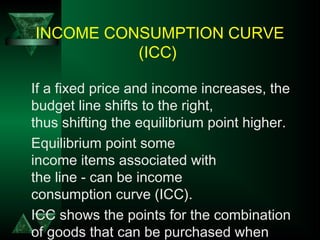 INCOME CONSUMPTION CURVE
(ICC)
If a fixed price and income increases, the
budget line shifts to the right,
thus shifting the equilibrium point higher.
Equilibrium point some
income items associated with
the line - can be income
consumption curve (ICC).
ICC shows the points for the combination
of goods that can be purchased when
 