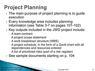 Copyright 2014
 The main purpose of project planning is to guide
execution
 Every knowledge area includes planning
information (see Table 3-7 on pages 101-102)
 Key outputs included in the JWD project include:
◦ A team contract
◦ A project scope statement
◦ A work breakdown structure (WBS)
◦ A project schedule, in the form of a Gantt chart with all
dependencies and resources entered
◦ A list of prioritized risks (part of a risk register)
 See sample documents starting on p. 104
Information Technology Project
Management, Seventh Edition 21
 