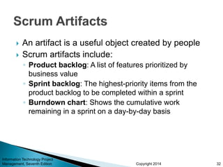 Copyright 2014
 An artifact is a useful object created by people
 Scrum artifacts include:
◦ Product backlog: A list of features prioritized by
business value
◦ Sprint backlog: The highest-priority items from the
product backlog to be completed within a sprint
◦ Burndown chart: Shows the cumulative work
remaining in a sprint on a day-by-day basis
32
Information Technology Project
Management, Seventh Edition
 