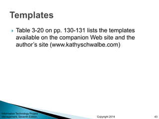 Copyright 2014
 Table 3-20 on pp. 130-131 lists the templates
available on the companion Web site and the
author’s site (www.kathyschwalbe.com)
Information Technology Project
Management, Seventh Edition 43
 