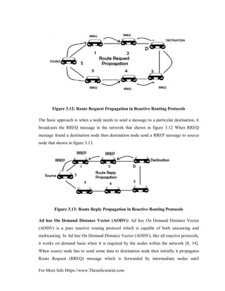 For More Info Https://www.ThesisScientist.com
Figure 3.12: Route Request Propagation in Reactive Routing Protocols
The basic approach is when a node needs to send a message to a particular destination, it
broadcasts the RREQ message in the network that shown in figure 3.12 When RREQ
message found a destination node then destination node send a RREP message to source
node that shown in figure 3.13.
Figure 3.13: Route Reply Propagation in Reactive Routing Protocols
Ad hoc On Demand Distance Vector (AODV): Ad hoc On Demand Distance Vector
(AODV) is a pure reactive routing protocol which is capable of both unicasting and
multicasting. In Ad hoc On Demand Distance Vector (AODV), like all reactive protocols,
it works on demand basis when it is required by the nodes within the network [8, 14].
When source node has to send some data to destination node then initially it propagates
Route Request (RREQ) message which is forwarded by intermediate nodes until
 