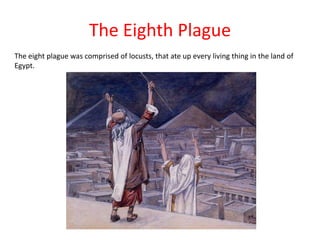 The Eighth Plague
The eight plague was comprised of locusts, that ate up every living thing in the land of
Egypt.
 