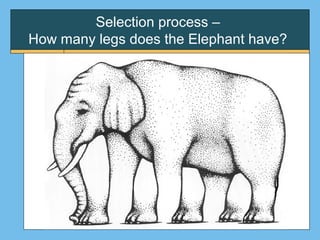 Selection process –
How many legs does the Elephant have?
 