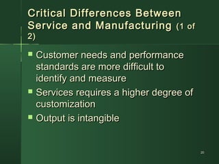 2020
Critical Differences BetweenCritical Differences Between
Service and ManufacturingService and Manufacturing (1 of(1 of
2)2)
 Customer needs and performanceCustomer needs and performance
standards are more difficult tostandards are more difficult to
identify and measureidentify and measure
 Services requires a higher degree ofServices requires a higher degree of
customizationcustomization
 Output is intangibleOutput is intangible
 
