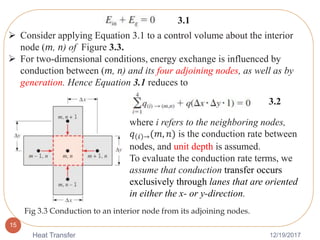 12/19/2017Heat Transfer
15
3.1
 Consider applying Equation 3.1 to a control volume about the interior
node (m, n) of Figure 3.3.
 For two-dimensional conditions, energy exchange is influenced by
conduction between (m, n) and its four adjoining nodes, as well as by
generation. Hence Equation 3.1 reduces to
Fig 3.3 Conduction to an interior node from its adjoining nodes.
where i refers to the neighboring nodes,
𝑞 𝑖 →(𝑚, 𝑛) is the conduction rate between
nodes, and unit depth is assumed.
To evaluate the conduction rate terms, we
assume that conduction transfer occurs
exclusively through lanes that are oriented
in either the x- or y-direction.
3.2
 
