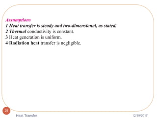 12/19/2017Heat Transfer
29
Assumptions
1 Heat transfer is steady and two-dimensional, as stated.
2 Thermal conductivity is constant.
3 Heat generation is uniform.
4 Radiation heat transfer is negligible.
 