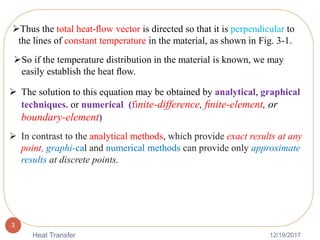 12/19/2017Heat Transfer
3
 The solution to this equation may be obtained by analytical, graphical
techniques. or numerical (finite-difference, ﬁnite-element, or
boundary-element)
Thus the total heat-ﬂow vector is directed so that it is perpendicular to
the lines of constant temperature in the material, as shown in Fig. 3-1.
So if the temperature distribution in the material is known, we may
easily establish the heat ﬂow.
 In contrast to the analytical methods, which provide exact results at any
point, graphi-cal and numerical methods can provide only approximate
results at discrete points.
 