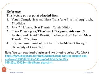 12/19/2017Heat Transfer
32
Reference
This lecture power point adapted from
1. Yunus Cengel, Heat and Mass Transfer A Practical Approach,
3rd edition
2. Jack P. Holman, Heat Transfer, Tenth Edition.
3. Frank P. Incropera, Theodore l. Bergman, Adrienne S.
Lavine, and David P Dewitt, fundamental of Heat and Mass
Transfer, 7th edition
4. Lecture power point of heat transfer by Mehmet Kanoglu
University of Gaziantep
Note: You can download chapter and two by using below URL (click )
https://www.slideshare.net/TarikuNegash/heat-transfer-chapter-one-
and-two-81503043?qid=18fbaee6-dc95-43c5-a10d-
54f425bc3742&v=&b=&from_search=1
 