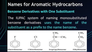 Names for Aromatic Hydrocarbons
Benzene Derivatives with One Substituent
The IUPAC system of naming monosubstituted
benzene derivatives uses the name of the
substituent as a preﬁx to the name benzene.
 