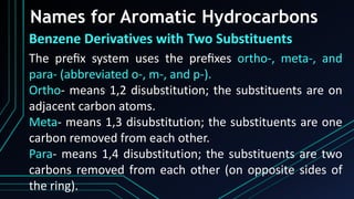 Names for Aromatic Hydrocarbons
Benzene Derivatives with Two Substituents
The preﬁx system uses the preﬁxes ortho-, meta-, and
para- (abbreviated o-, m-, and p-).
Ortho- means 1,2 disubstitution; the substituents are on
adjacent carbon atoms.
Meta- means 1,3 disubstitution; the substituents are one
carbon removed from each other.
Para- means 1,4 disubstitution; the substituents are two
carbons removed from each other (on opposite sides of
the ring).
 