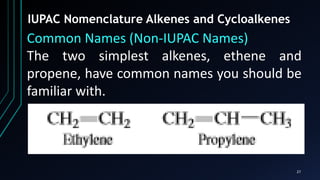 27
IUPAC Nomenclature Alkenes and Cycloalkenes
Common Names (Non-IUPAC Names)
The two simplest alkenes, ethene and
propene, have common names you should be
familiar with.
 