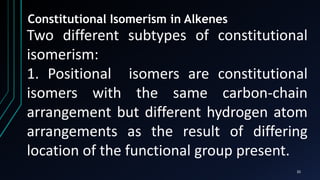 35
Constitutional Isomerism in Alkenes
Two different subtypes of constitutional
isomerism:
1. Positional isomers are constitutional
isomers with the same carbon-chain
arrangement but different hydrogen atom
arrangements as the result of differing
location of the functional group present.
 