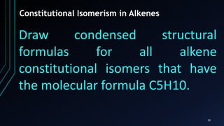 39
Constitutional Isomerism in Alkenes
Draw condensed structural
formulas for all alkene
constitutional isomers that have
the molecular formula C5H10.
 