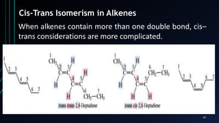 50
Cis-Trans Isomerism in Alkenes
When alkenes contain more than one double bond, cis–
trans considerations are more complicated.
 
