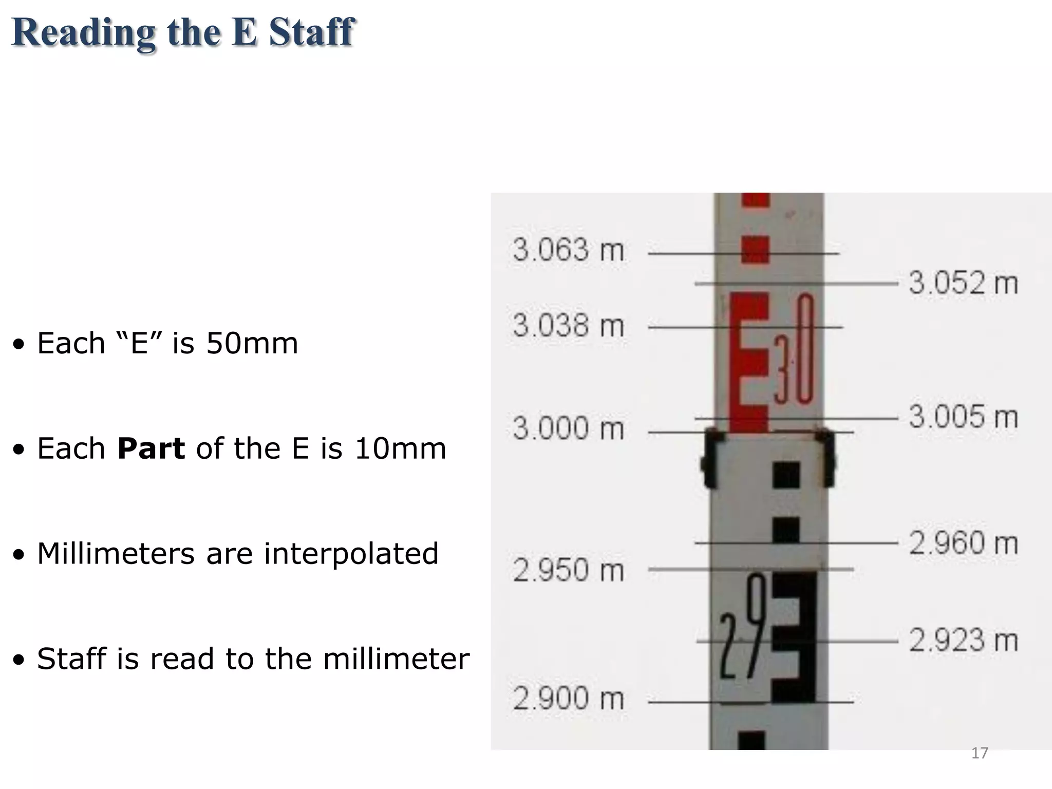 Reading the E Staff
• Each “E” is 50mm
• Each Part of the E is 10mm
• Millimeters are interpolated
• Staff is read to the millimeter
17
 