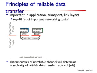 Principles of reliable data
transfer


important in application, transport, link layers
 top-10 list of important networking topics!



characteristics of unreliable channel will determine
complexity of reliable data transfer protocol (rdt)
Transport Layer 3-21

 