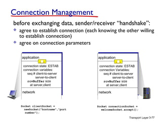 Connection Management
before exchanging data, sender/receiver “handshake”:




agree to establish connection (each knowing the other willing
to establish connection)
agree on connection parameters
application

application

connection state: ESTAB
connection variables:
seq # client-to-server
server-to-client
rcvBuffer size
at server,client

connection state: ESTAB
connection Variables:
seq # client-to-server
server-to-client
rcvBuffer size
at server,client

network

network

Socket clientSocket =
newSocket("hostname","port
number");

Socket connectionSocket =
welcomeSocket.accept();
Transport Layer 3-77

 