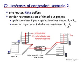 Causes/costs of congestion: scenario 2



one router, finite buffers
sender retransmission of timed-out packet
 application-layer input = application-layer output: λin = λout
 transport-layer input includes retransmissions : λin λin
‘

λin : original data
λ'in: original data, plus

λout

retransmitted data
Host A

Host B

finite shared output
link buffers
Transport Layer 3-87

 
