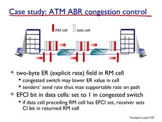 Case study: ATM ABR congestion control
RM cell



data cell

two-byte ER (explicit rate) field in RM cell
 congested switch may lower ER value in cell
 senders’ send rate thus max supportable rate on path



EFCI bit in data cells: set to 1 in congested switch
 if data cell preceding RM cell has EFCI set, receiver sets
CI bit in returned RM cell
Transport Layer 3-97

 