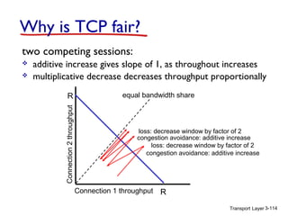 Transport Layer 3-114
Why is TCP fair?
two competing sessions:
 additive increase gives slope of 1, as throughout increases
 multiplicative decrease decreases throughput proportionally
R
R
equal bandwidth share
Connection 1 throughput
Connection2throughput
congestion avoidance: additive increase
loss: decrease window by factor of 2
congestion avoidance: additive increase
loss: decrease window by factor of 2
 