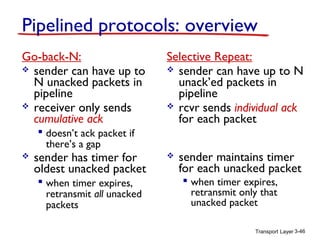 Transport Layer 3-46
Pipelined protocols: overview
Go-back-N:
 sender can have up to
N unacked packets in
pipeline
 receiver only sends
cumulative ack
 doesn’t ack packet if
there’s a gap
 sender has timer for
oldest unacked packet
 when timer expires,
retransmit all unacked
packets
Selective Repeat:
 sender can have up to N
unack’ed packets in
pipeline
 rcvr sends individual ack
for each packet
 sender maintains timer
for each unacked packet
 when timer expires,
retransmit only that
unacked packet
 