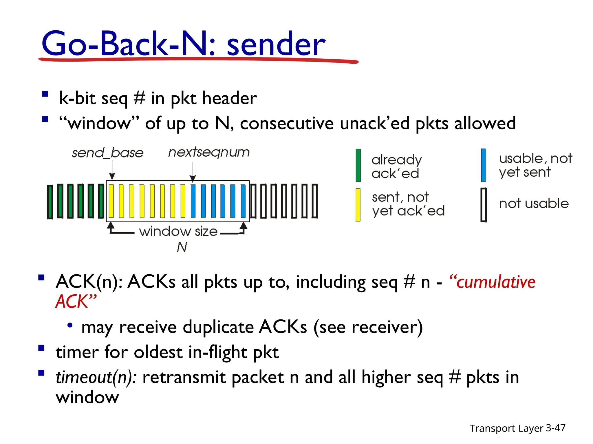 Transport Layer 3-47
Go-Back-N: sender
 k-bit seq # in pkt header
 “window” of up to N, consecutive unack’ed pkts allowed
 ACK(n): ACKs all pkts up to, including seq # n - “cumulative
ACK”
• may receive duplicate ACKs (see receiver)
 timer for oldest in-flight pkt
 timeout(n): retransmit packet n and all higher seq # pkts in
window
 