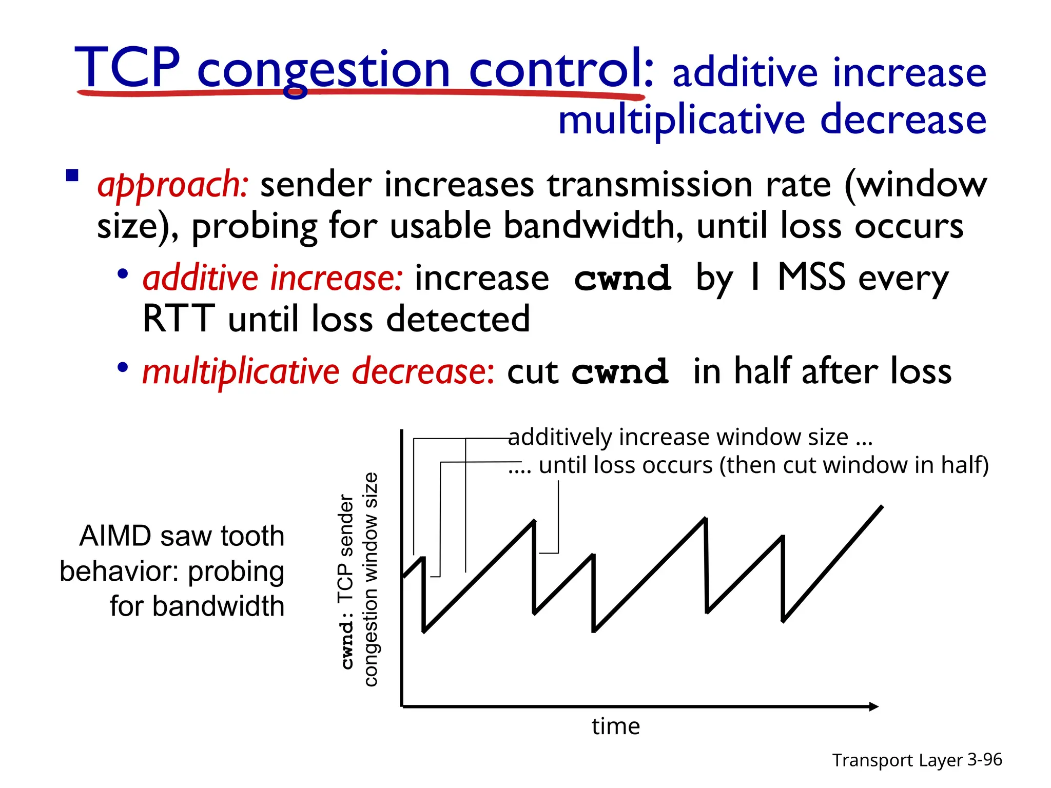 Transport Layer 3-96
TCP congestion control: additive increase
multiplicative decrease
 approach: sender increases transmission rate (window
size), probing for usable bandwidth, until loss occurs
• additive increase: increase cwnd by 1 MSS every
RTT until loss detected
• multiplicative decrease: cut cwnd in half after loss
cwnd:
TCP
sender
congestion
window
size
AIMD saw tooth
behavior: probing
for bandwidth
additively increase window size …
…. until loss occurs (then cut window in half)
time
 