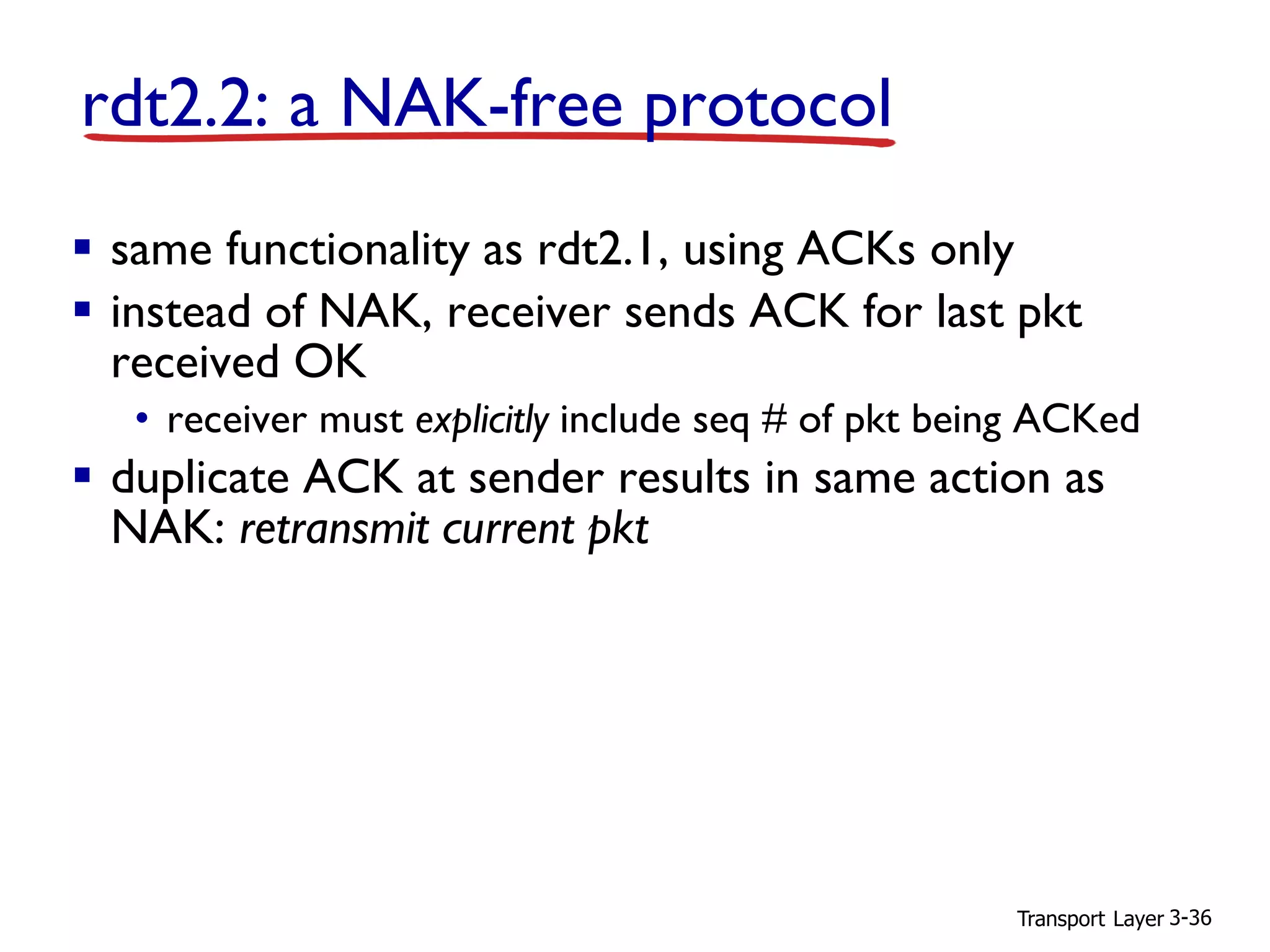 Transport Layer 3-36
rdt2.2: a NAK-free protocol
▪ same functionality as rdt2.1, using ACKs only
▪ instead of NAK, receiver sends ACK for last pkt
received OK
• receiver must explicitly include seq # of pkt being ACKed
▪ duplicate ACK at sender results in same action as
NAK: retransmit current pkt
 