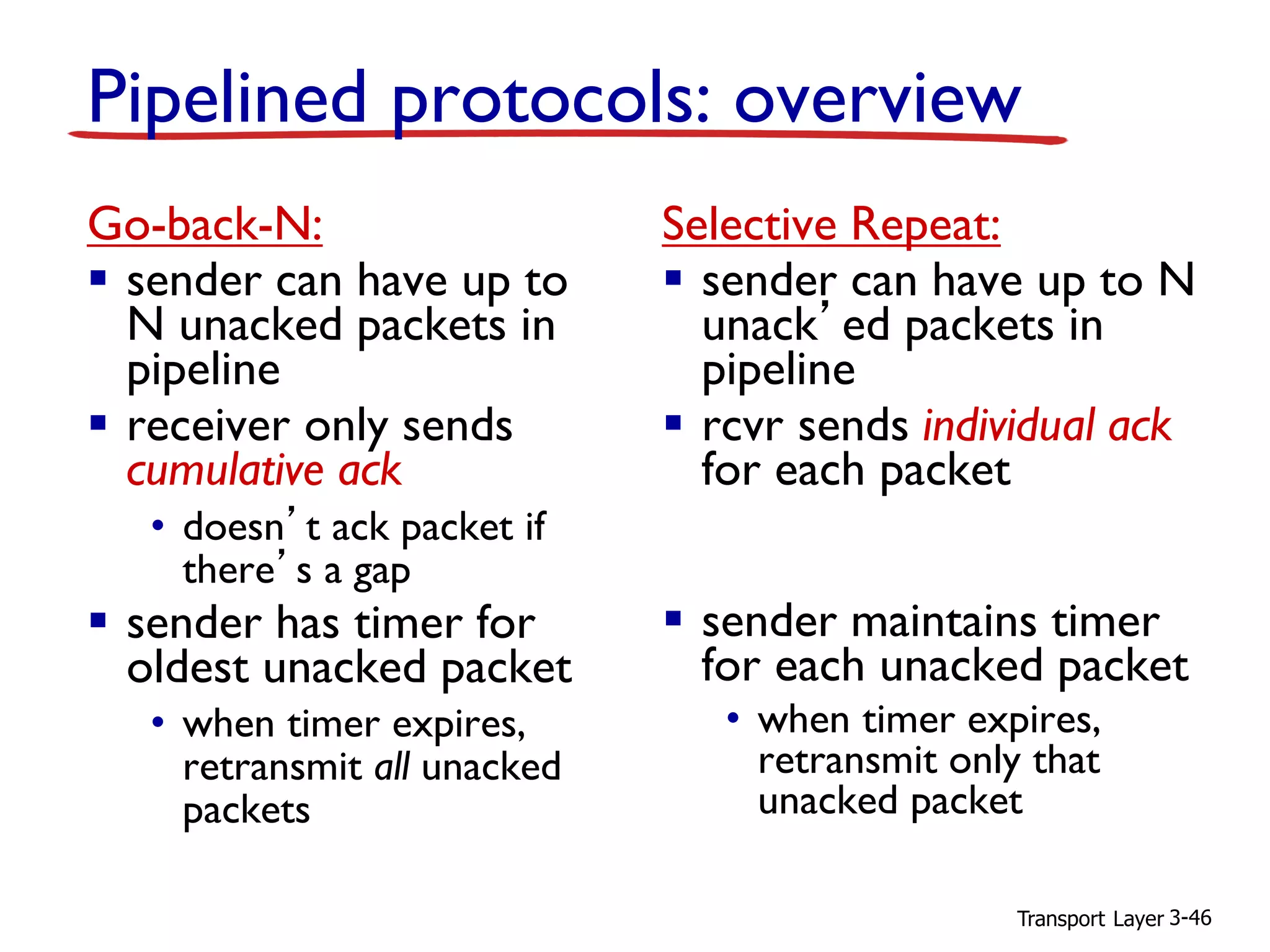 Transport Layer 3-46
Pipelined protocols: overview
Go-back-N:
▪ sender can have up to
N unacked packets in
pipeline
▪ receiver only sends
cumulative ack
• doesn’t ack packet if
there’s a gap
▪ sender has timer for
oldest unacked packet
• when timer expires,
retransmit all unacked
packets
Selective Repeat:
▪ sender can have up to N
unack’ed packets in
pipeline
▪ rcvr sends individual ack
for each packet
▪ sender maintains timer
for each unacked packet
• when timer expires,
retransmit only that
unacked packet
 