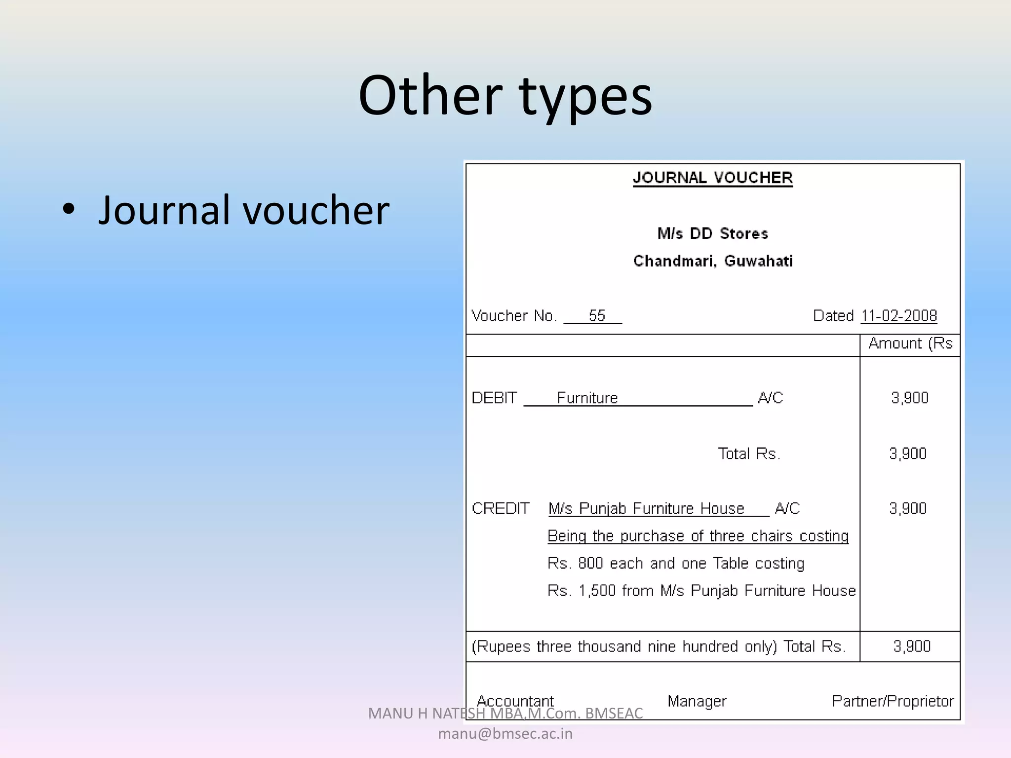 Other types
• Journal voucher
MANU H NATESH MBA,M.Com. BMSEAC
manu@bmsec.ac.in
 