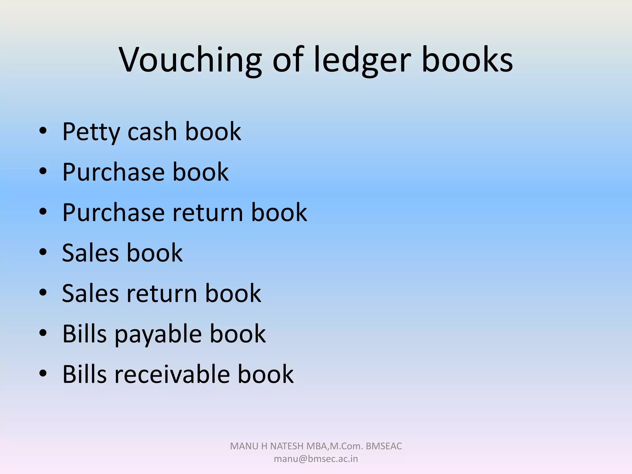 Vouching of ledger books
• Petty cash book
• Purchase book
• Purchase return book
• Sales book
• Sales return book
• Bills payable book
• Bills receivable book
MANU H NATESH MBA,M.Com. BMSEAC
manu@bmsec.ac.in
 