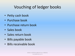 Vouching of ledger books
• Petty cash book
• Purchase book
• Purchase return book
• Sales book
• Sales return book
• Bills payable book
• Bills receivable book
MANU H NATESH MBA,M.Com. BMSEAC
manu@bmsec.ac.in
 
