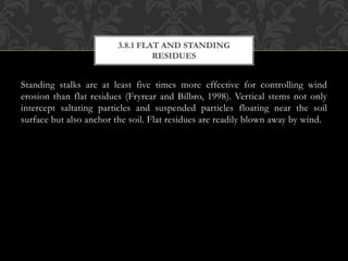 Standing stalks are at least five times more effective for controlling wind
erosion than flat residues (Fryrear and Bilbro, 1998). Vertical stems not only
intercept saltating particles and suspended particles floating near the soil
surface but also anchor the soil. Flat residues are readily blown away by wind.
3.8.1 FLAT AND STANDING
RESIDUES
 
