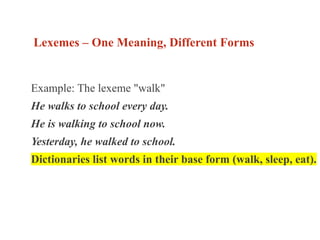Lexemes – One Meaning, Different Forms
Example: The lexeme "walk"
He walks to school every day.
He is walking to school now.
Yesterday, he walked to school.
Dictionaries list words in their base form (walk, sleep, eat).
 