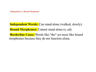 Independent vs. Bound Morphemes
•Independent Words: Can stand alone (walked, slowly).
•Bound Morphemes: Cannot stand alone (s, ed).
•Borderline Cases: Words like "the" act more like bound
morphemes because they do not function alone.
 