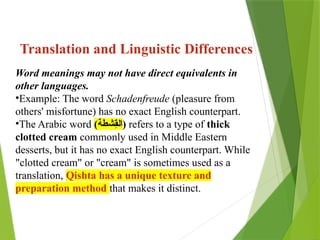 Word meanings may not have direct equivalents in
other languages.
•Example: The word Schadenfreude (pleasure from
others' misfortune) has no exact English counterpart.
•The Arabic word ( ‫ِش‬
‫ق‬‫ال‬
‫ط‬
‫ة‬ ) refers to a type of thick
clotted cream commonly used in Middle Eastern
desserts, but it has no exact English counterpart. While
"clotted cream" or "cream" is sometimes used as a
translation, Qishta has a unique texture and
preparation method that makes it distinct.
Translation and Linguistic Differences
 