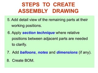 6. Apply section technique where relative
positions between adjacent parts are needed
to clarify.
7. Add balloons, notes and dimensions (if any).
5. Add detail view of the remaining parts at their
working positions.
8. Create BOM.
STEPS TO CREATE
ASSEMBLY DRAWING
 