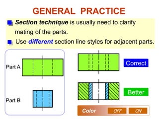 GENERAL PRACTICE
Section technique is usually need to clarify
mating of the parts.
Correct
Better
Part A
Part B
OFF
Use different section line styles for adjacent parts.
ON
Color
 
