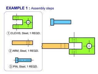 EXAMPLE 1 : Assembly steps
3 PIN, Steel, 1 REQD.
2 ARM, Steel, 1 REQD.
1 CLEVIS, Steel, 1 REQD.
 