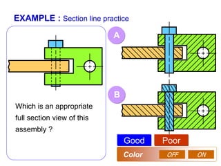 EXAMPLE : Section line practice
A
B
Which is an appropriate
full section view of this
assembly ?
Good Poor
OFF ON
Color
 