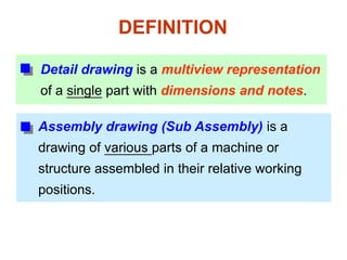 DEFINITION
Detail drawing is a multiview representation
of a single part with dimensions and notes.
Assembly drawing (Sub Assembly) is a
drawing of various parts of a machine or
structure assembled in their relative working
positions.
 