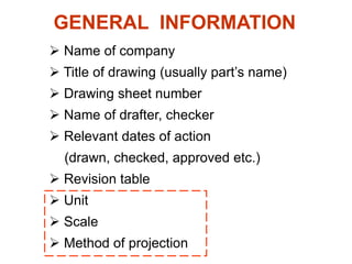 GENERAL INFORMATION
 Name of company
 Title of drawing (usually part’s name)
 Drawing sheet number
 Name of drafter, checker
 Relevant dates of action
(drawn, checked, approved etc.)
 Revision table
 Unit
 Scale
 Method of projection
 