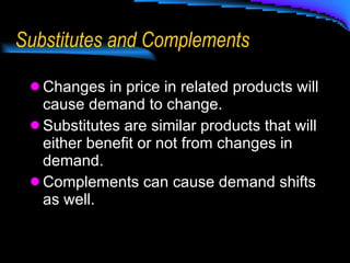 Substitutes and Complements Changes in price in related products will cause demand to change. Substitutes are similar products that will either benefit or not from changes in demand. Complements can cause demand shifts as well. 
