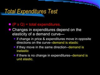 Total Expenditures Test (P x Q)  = total expenditures. Changes in expenditures depend on the elasticity of a demand curve— if change in price & expenditures move in opposite directions on the curve-- demand is elastic if they move in the same direction-- demand is inelastic  if there is no change in expenditures-- demand is unit elastic. 