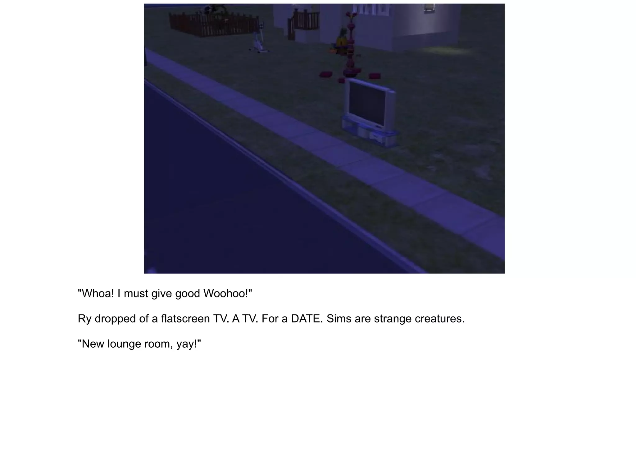 "Whoa! I must give good Woohoo!" Ry dropped of a flatscreen TV. A TV. For a DATE. Sims are strange creatures. "New lounge room, yay!" 