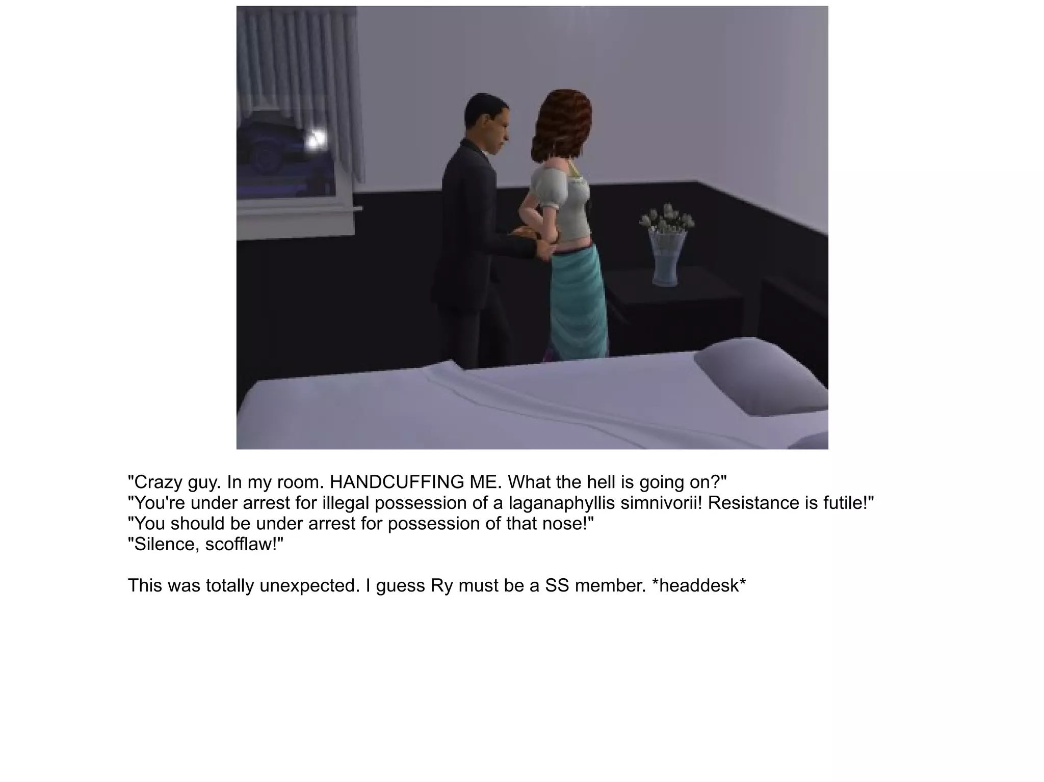"Crazy guy. In my room. HANDCUFFING ME. What the hell is going on?" "You're under arrest for illegal possession of a laganaphyllis simnivorii! Resistance is futile!" "You should be under arrest for possession of that nose!" "Silence, scofflaw!" This was totally unexpected. I guess Ry must be a SS member. *headdesk* 