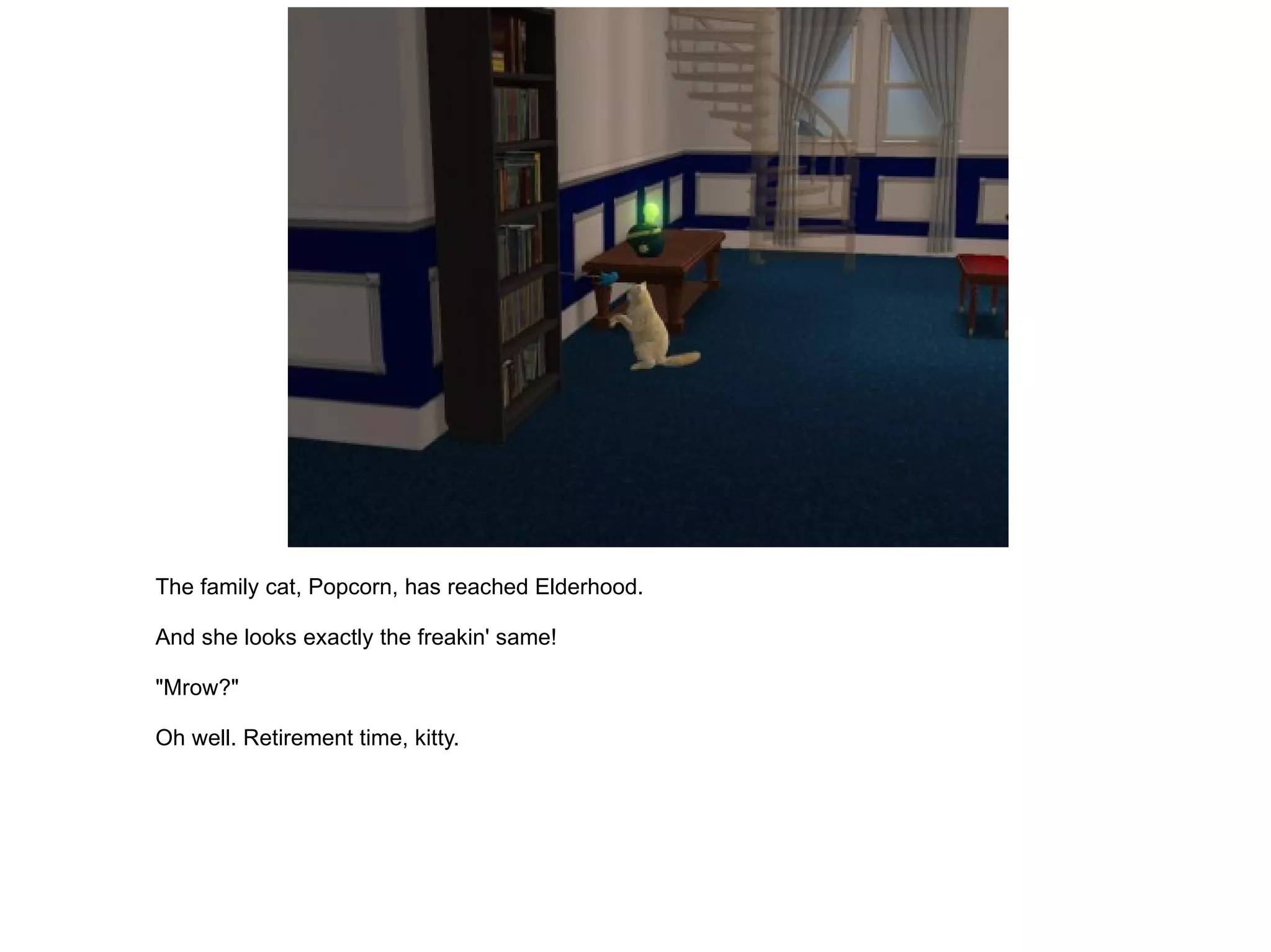 The family cat, Popcorn, has reached Elderhood. And she looks exactly the freakin' same! "Mrow?" Oh well. Retirement time, kitty. 