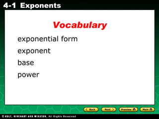 Vocabulary exponential form exponent base power 