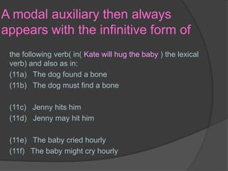 A modal auxiliary then always appears with the infinitive form ofthe following verb( in( Kate will hug the baby ) the lexical verb) and also as in:  (11a)   The dog found a bone                      (11b)   The dog must find a bone                   (11c)   Jenny hits him                                       (11d)   Jenny may hit him                                (11e)   The baby cried hourly                          (11f)   The baby might cry hourly                   